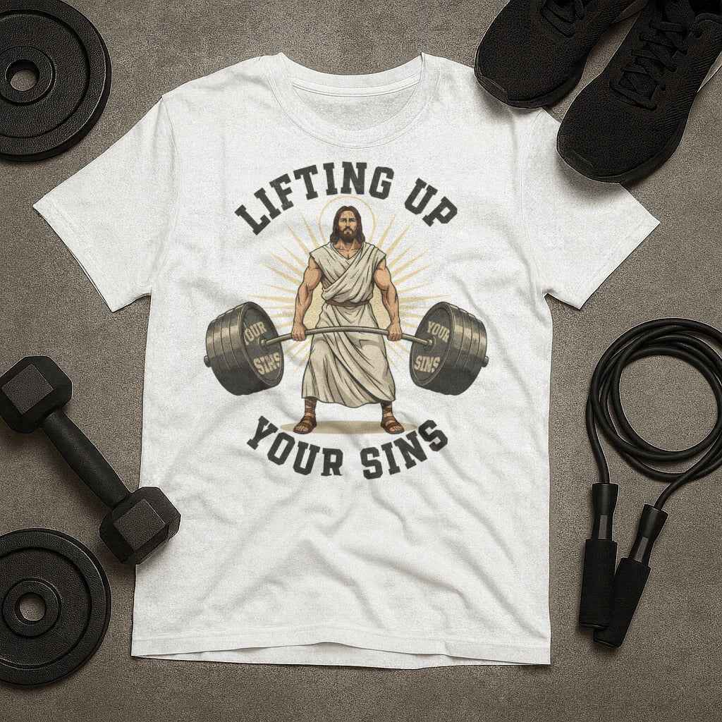 Lifting Up Your Sins Jesus Barbell T-Shirt