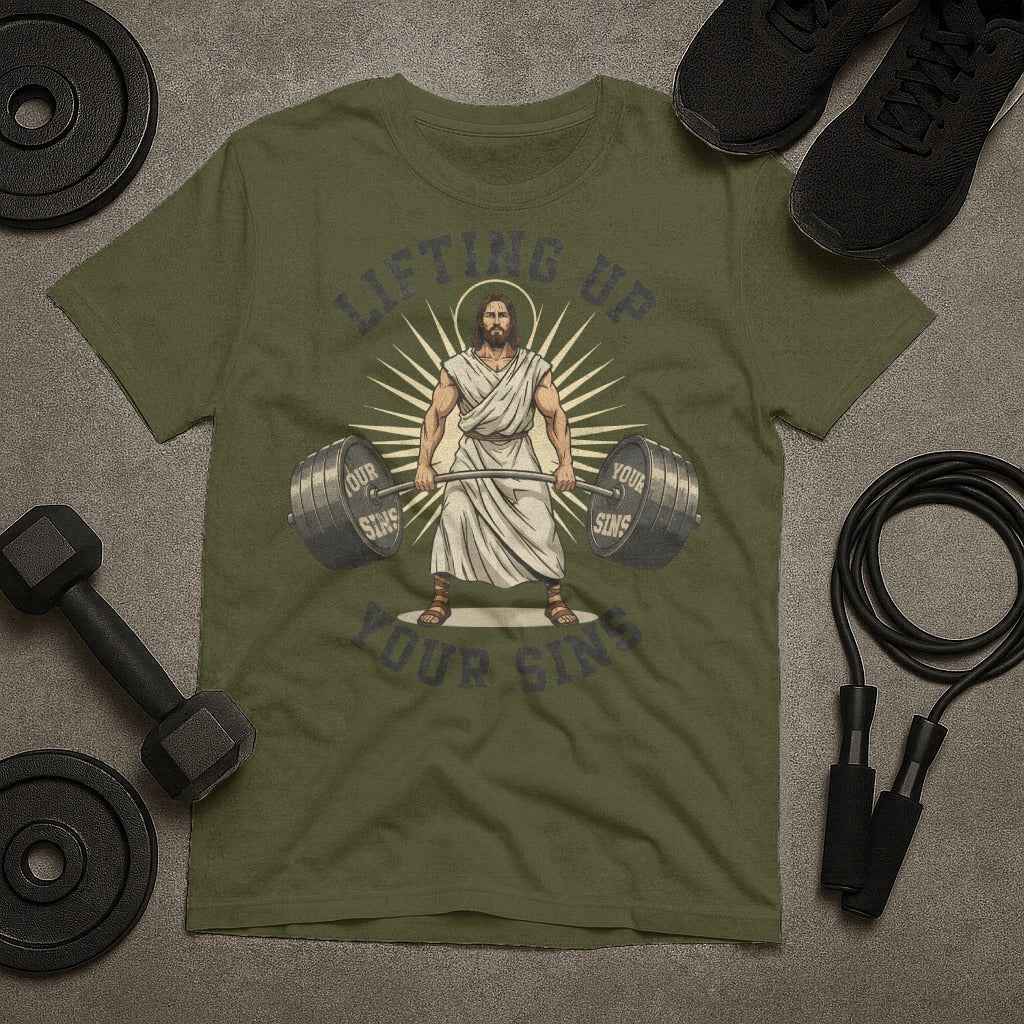 Lifting Up Your Sins Jesus Barbell T-Shirt