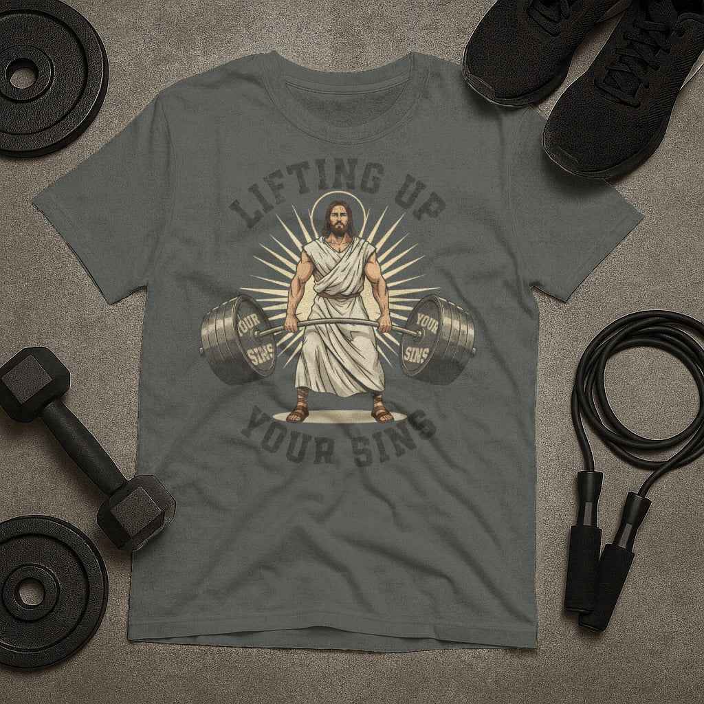 Lifting Up Your Sins Jesus Barbell T-Shirt