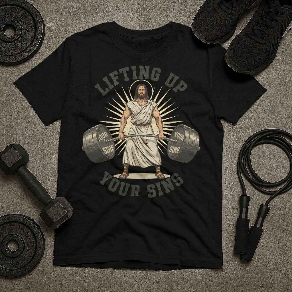 Lifting Up Your Sins Jesus Barbell T-Shirt