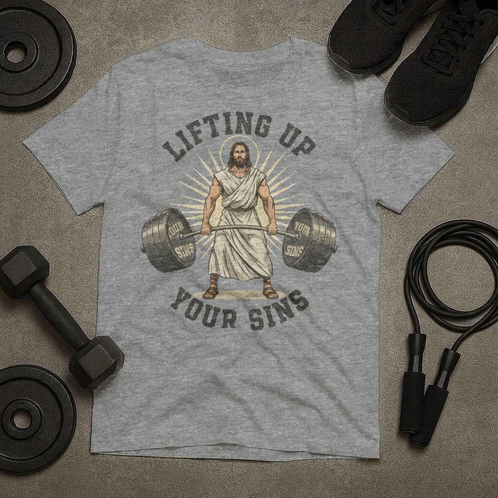 Lifting Up Your Sins Jesus Barbell T-Shirt